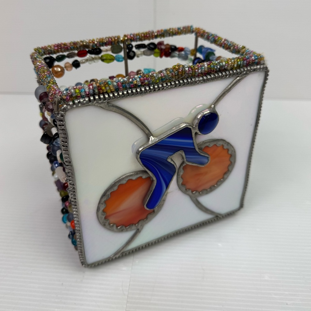 Handmade Candle Holder Tealight Stained Glass Beads Bicyclist Signed READ